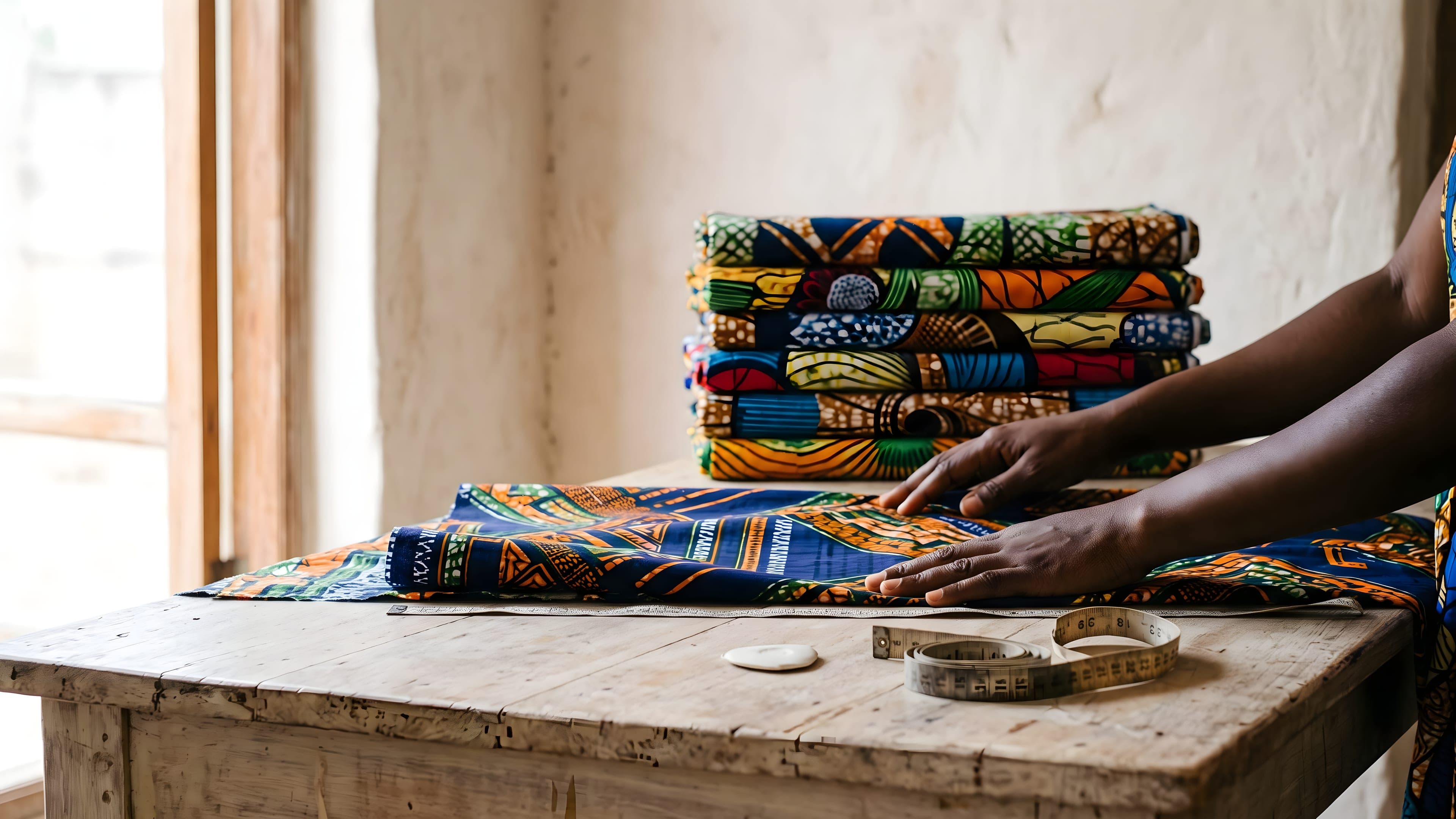 A tailor's hands smoothing wax print cloth on a wooden table, beside a stack of folded prints